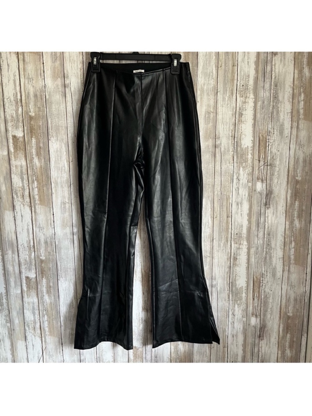 Abercrombie & Fitch Faux Vegan Leather Stretch Slim Flare Split Hem Pants Black - Picture 2 of 7